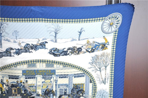 Authentic HERMES Pleats Scarf "The Bull & Mouth Regent's Circus" Silk Blue J7446