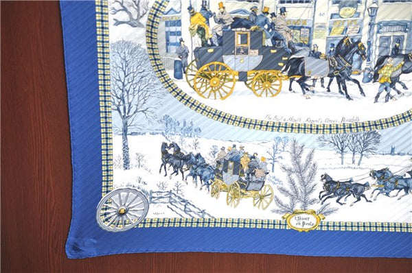 Authentic HERMES Pleats Scarf "The Bull & Mouth Regent's Circus" Silk Blue J7446