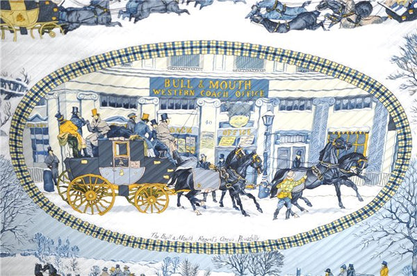 Authentic HERMES Pleats Scarf "The Bull & Mouth Regent's Circus" Silk Blue J7446