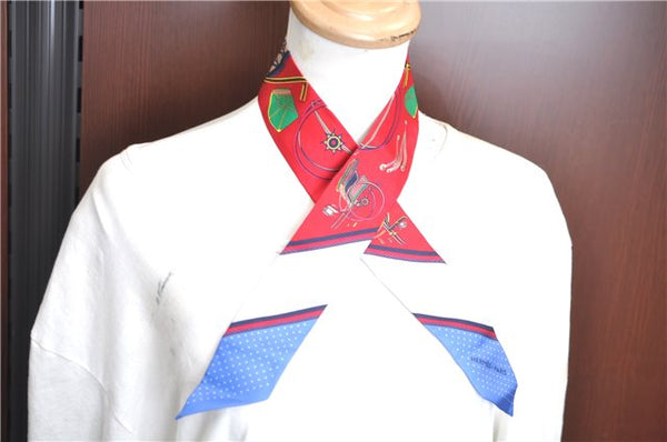 Authentic HERMES Twilly Scarf "Les Voitures" Silk Red Blue J7461