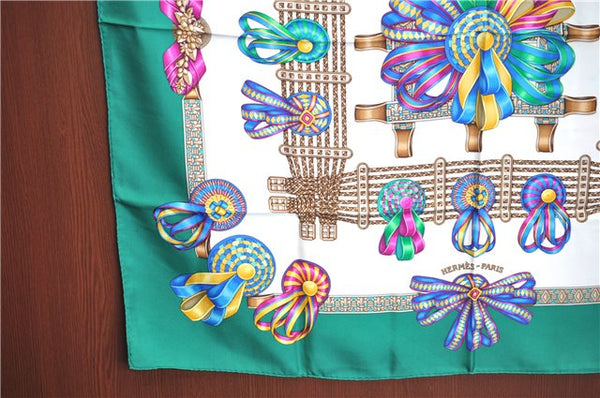 Authentic HERMES Carre 90 Scarf "LES RUBANS DU CHEVAL" Silk Green J7534