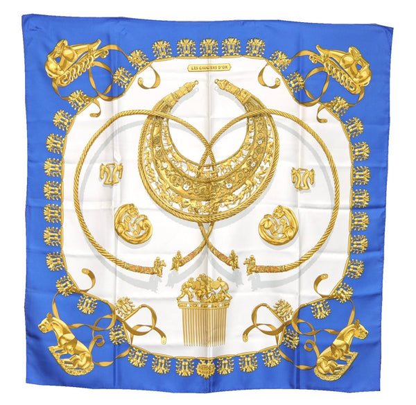 Authentic HERMES Carre 90 Scarf "LES CAVALIERS D'OR" Silk Blue Gold J7536