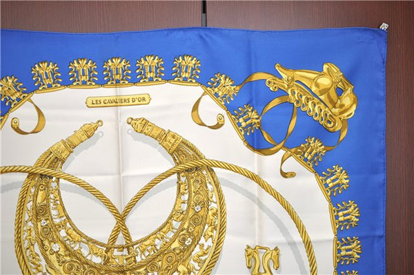 Authentic HERMES Carre 90 Scarf "LES CAVALIERS D'OR" Silk Blue Gold J7536