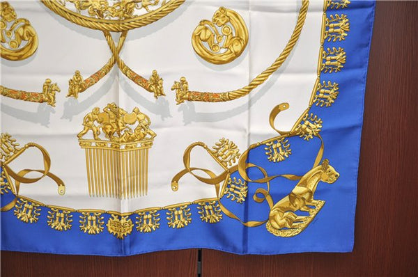 Authentic HERMES Carre 90 Scarf "LES CAVALIERS D'OR" Silk Blue Gold J7536