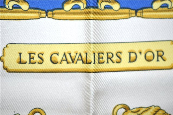 Authentic HERMES Carre 90 Scarf "LES CAVALIERS D'OR" Silk Blue Gold J7536