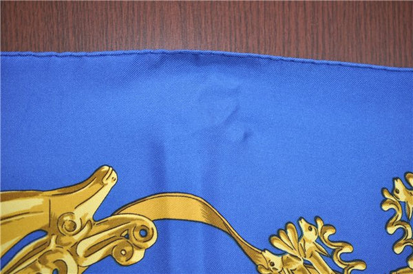 Authentic HERMES Carre 90 Scarf "LES CAVALIERS D'OR" Silk Blue Gold J7536