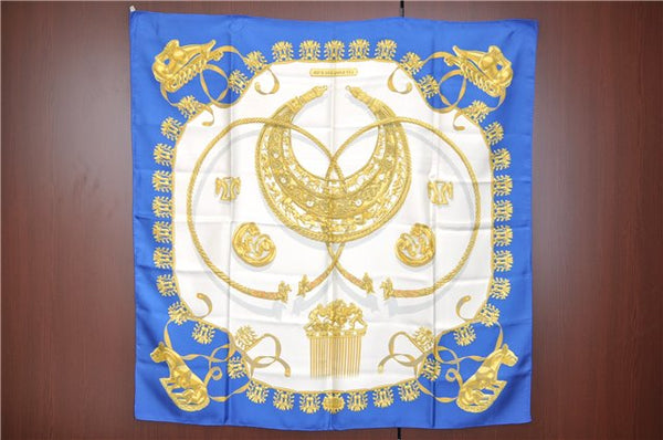 Authentic HERMES Carre 90 Scarf "LES CAVALIERS D'OR" Silk Blue Gold J7536