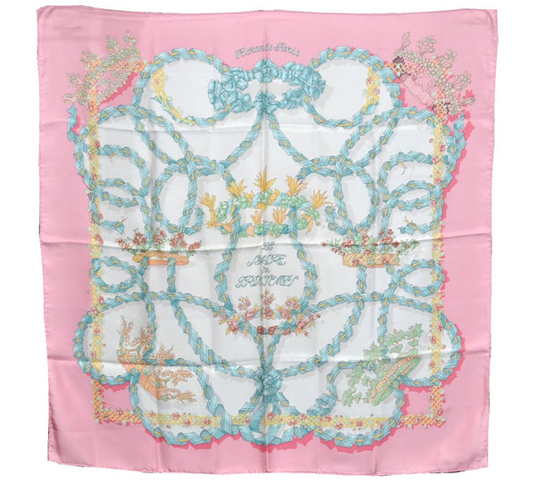 Authentic HERMES Carre 90 Scarf "LE SACRE du PRINTEMPS" Silk Light Pink J7544