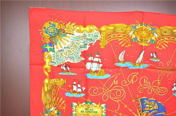 Authentic HERMES Carre 90 Scarf "VOILES DE LUMIERE" Silk Red J7550