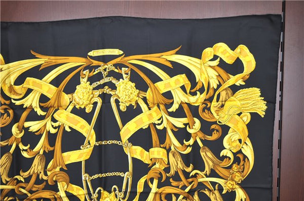 Authentic HERMES Carre 90 Scarf "LE MORS A LA CONETABLE" Silk Black J7554