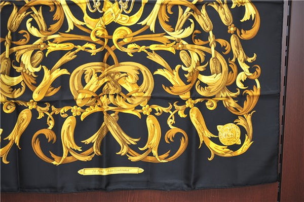 Authentic HERMES Carre 90 Scarf "LE MORS A LA CONETABLE" Silk Black J7554