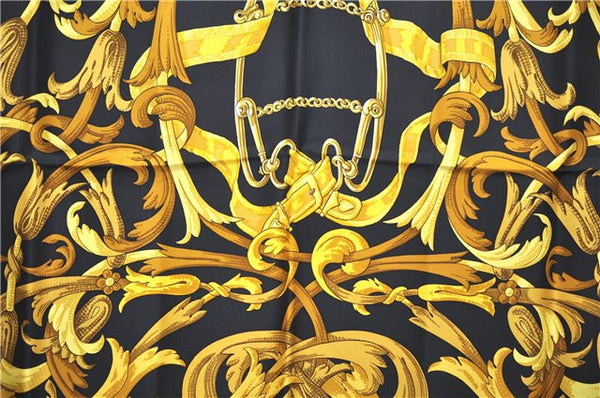 Authentic HERMES Carre 90 Scarf "LE MORS A LA CONETABLE" Silk Black J7554