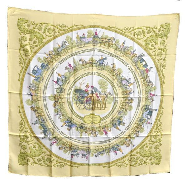 Authentic HERMES Carre 90 Scarf "LA PROMENADE DE LONGCHAMPS" Silk Yellow J7598