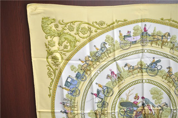 Authentic HERMES Carre 90 Scarf "LA PROMENADE DE LONGCHAMPS" Silk Yellow J7598