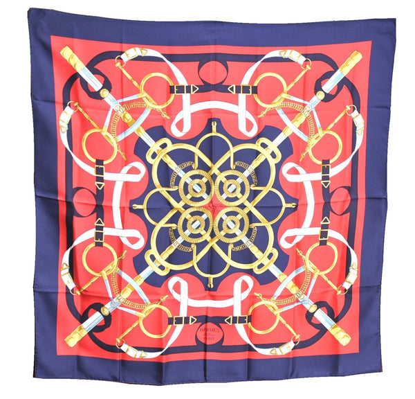 Authentic HERMES Carre 90 Scarf "Eperon d'Or" Silk Navy Blue J7599