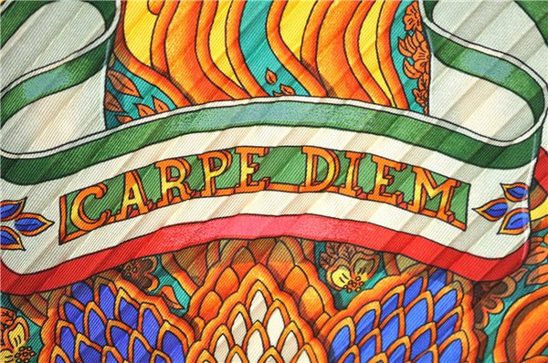 Authentic HERMES Pleats Scarf "CARPE DIEM" Silk Orange Yellow J7690