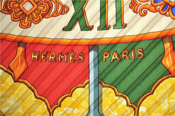 Authentic HERMES Pleats Scarf "CARPE DIEM" Silk Orange Yellow J7690