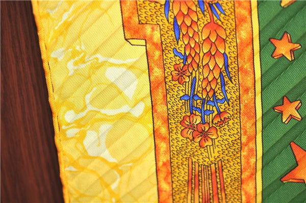 Authentic HERMES Pleats Scarf "CARPE DIEM" Silk Orange Yellow J7690