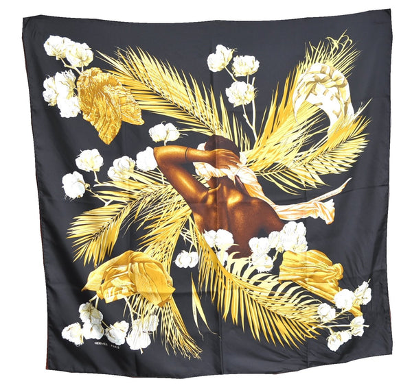 Authentic HERMES Carre 90 Scarf "Turbans des reines" Silk Black J7704