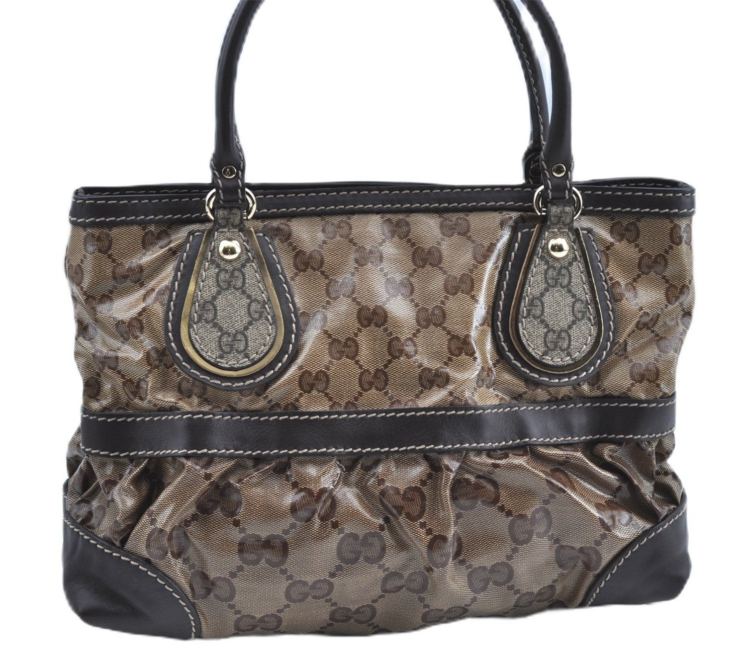 Authentic GUCCI GG Crystal Shoulder Hand Tote Bag PVC Leather 223964 Brown J7766