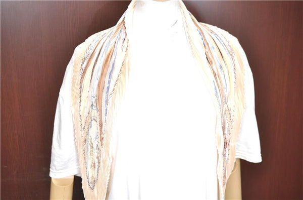 Authentic HERMES Pleats Scarf "GRONLAND" Silk Beige Ivory Box J7805