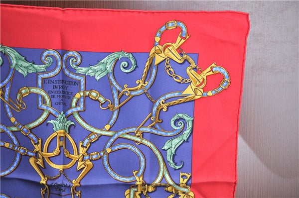 Auth HERMES Petit Carre 40 Scarf Handkerchief "L'Instruction" Silk Red J7848