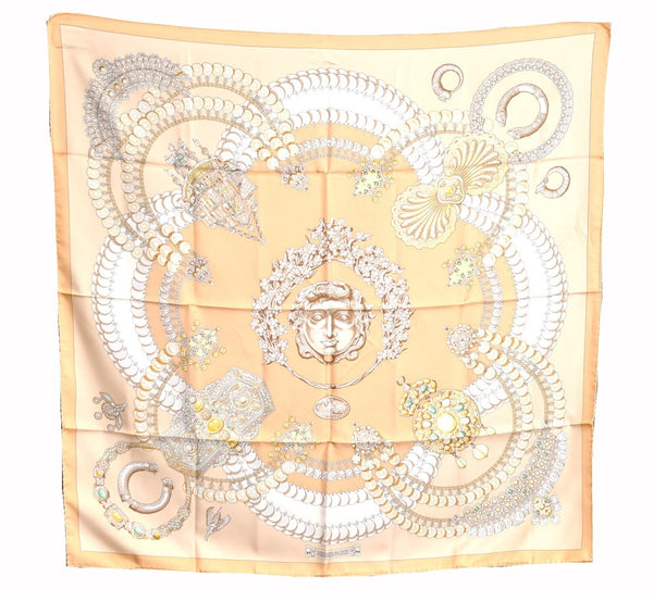 Authentic HERMES Carre 90 Scarf "KOSMIMA" Silk Beige Orange J7905