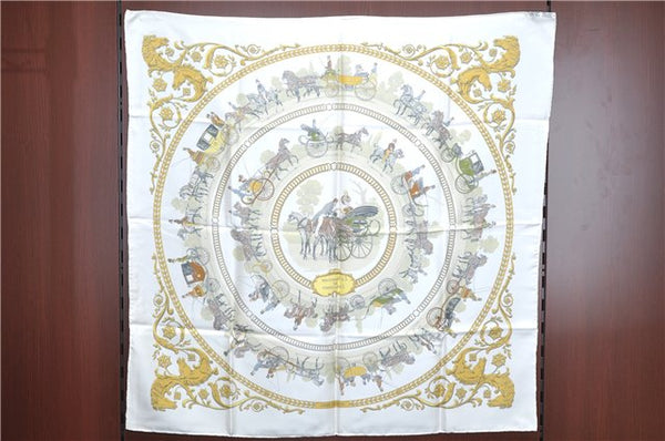 Auth HERMES Carre 90 Scarf "LA PROMENADE DE LONGCHAMPS" Silk White Box J7907