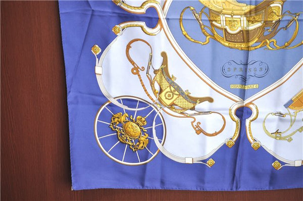 Authentic HERMES Carre 90 Scarf "SPRINGS" Silk Navy Blue J7989