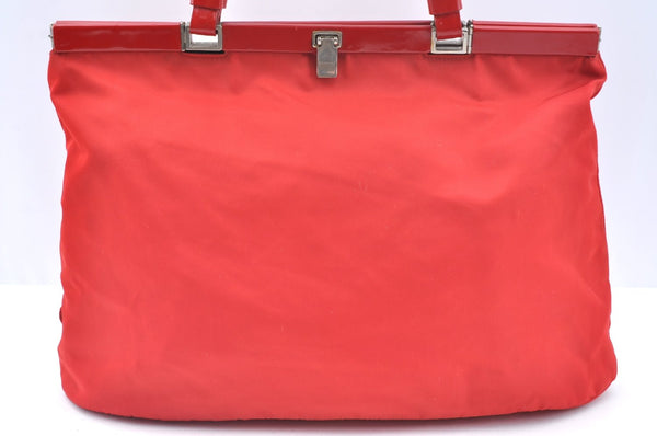 Authentic PRADA Nylon Tessuto Leather Tote Hand Bag Purse Red J8122