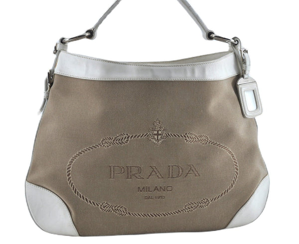 Authentic PRADA Canvas Leather Nappa Shoulder Hand Bag Brown White J8129