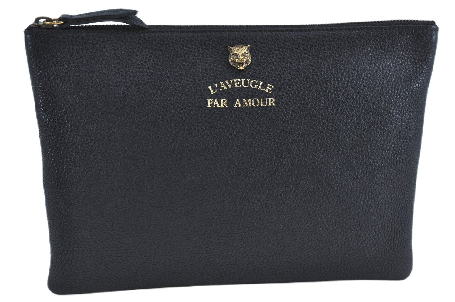 Authentic GUCCI Animalier Clutch Hand Bag Purse Leather Black J8144