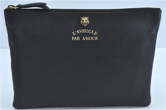 Authentic GUCCI Animalier Clutch Hand Bag Purse Leather Black J8144