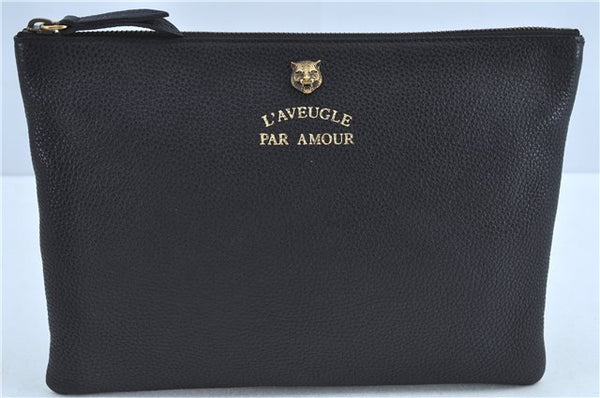 Authentic GUCCI Animalier Clutch Hand Bag Purse Leather Black J8144