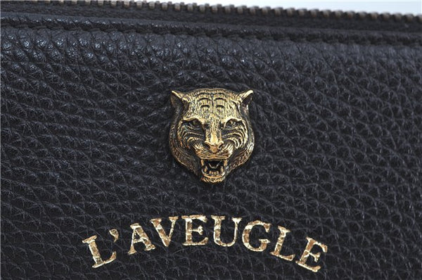 Authentic GUCCI Animalier Clutch Hand Bag Purse Leather Black J8144