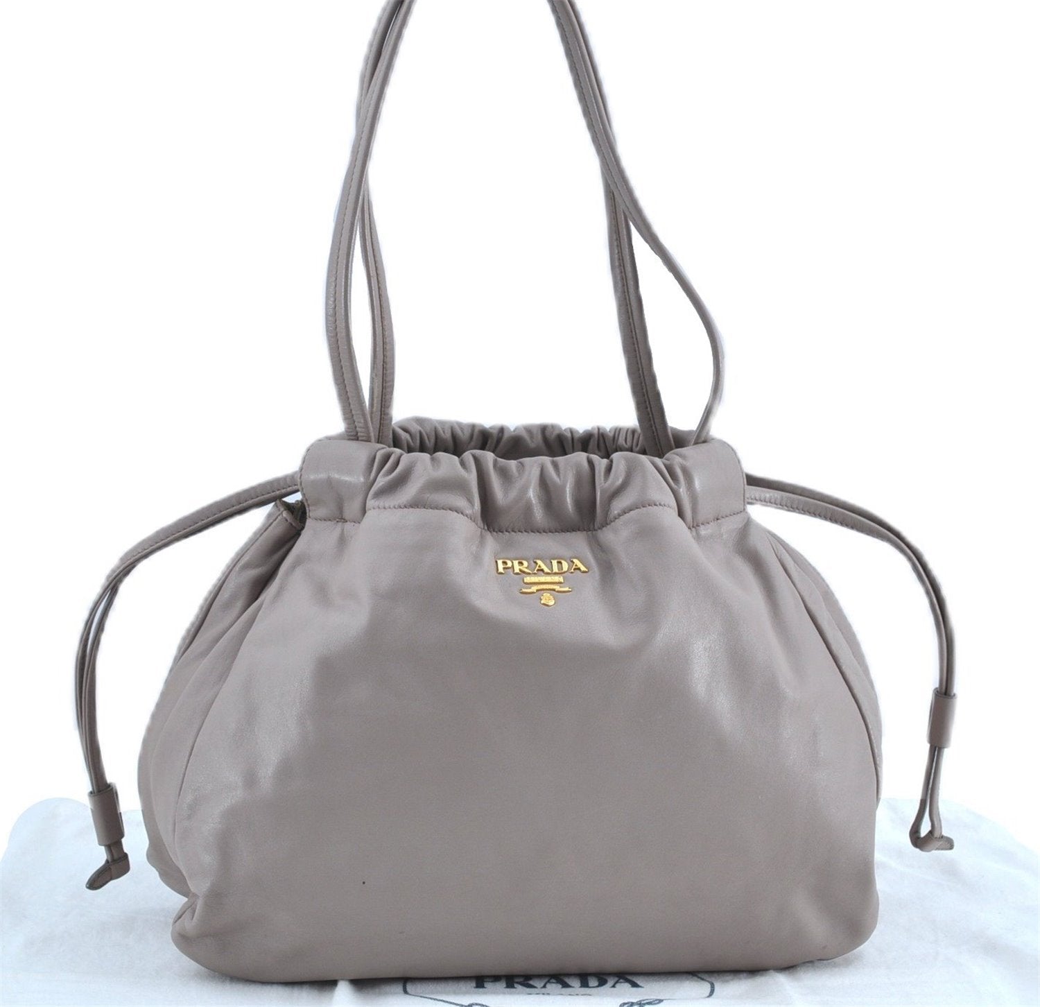 Authentic PRADA Leather Nappa Shoulder Tote Bag Purse Gray Beige J8146