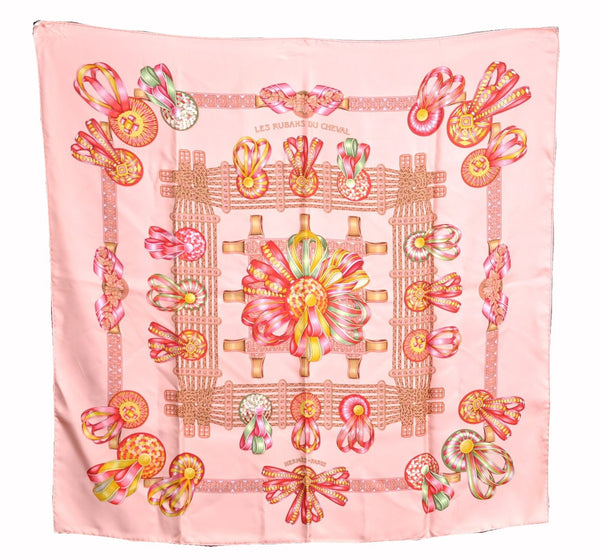 Authentic HERMES Carre 90 Scarf "LES RUBANS DU CHEVAL" Silk Light Pink Box J8183