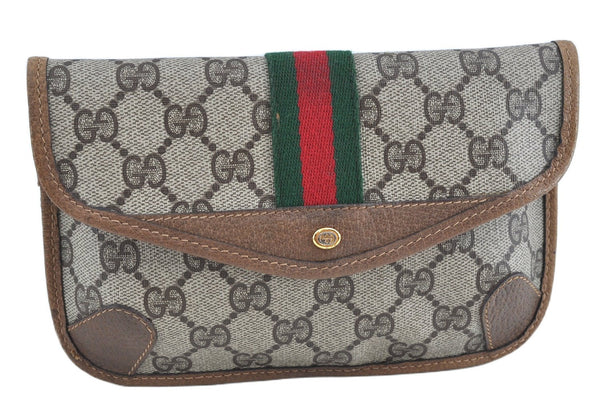 Authentic GUCCI Web Sherry Line Clutch Bag Pouch GG PVC Leather Brown J8232