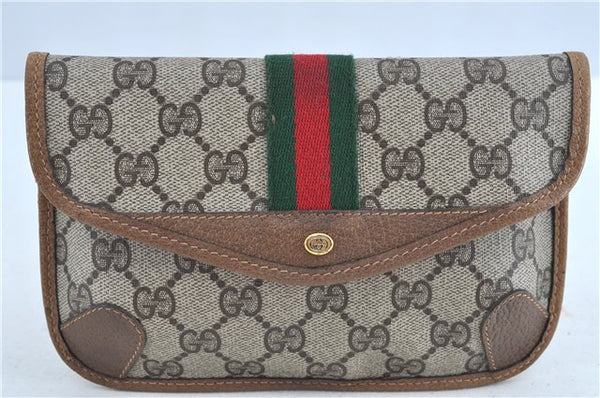 Authentic GUCCI Web Sherry Line Clutch Bag Pouch GG PVC Leather Brown J8232