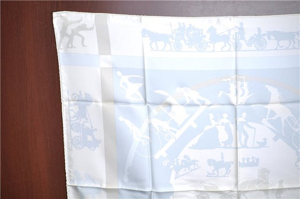 Authentic HERMES Carre 90 Scarf "Jeux d'Ombres" Silk White Light Blue Box J8240