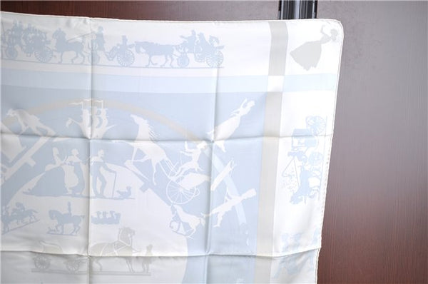 Authentic HERMES Carre 90 Scarf "Jeux d'Ombres" Silk White Light Blue Box J8240