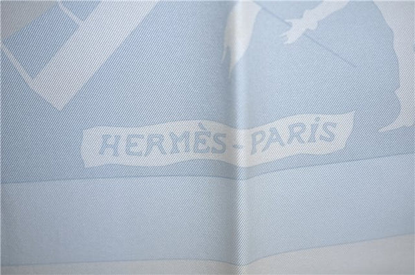 Authentic HERMES Carre 90 Scarf "Jeux d'Ombres" Silk White Light Blue Box J8240