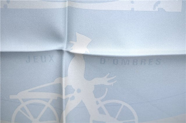 Authentic HERMES Carre 90 Scarf "Jeux d'Ombres" Silk White Light Blue Box J8240