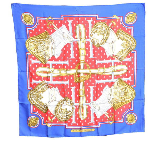 Authentic HERMES Carre 90 Scarf "SELLES A HOUSSE" Silk Blue J8254