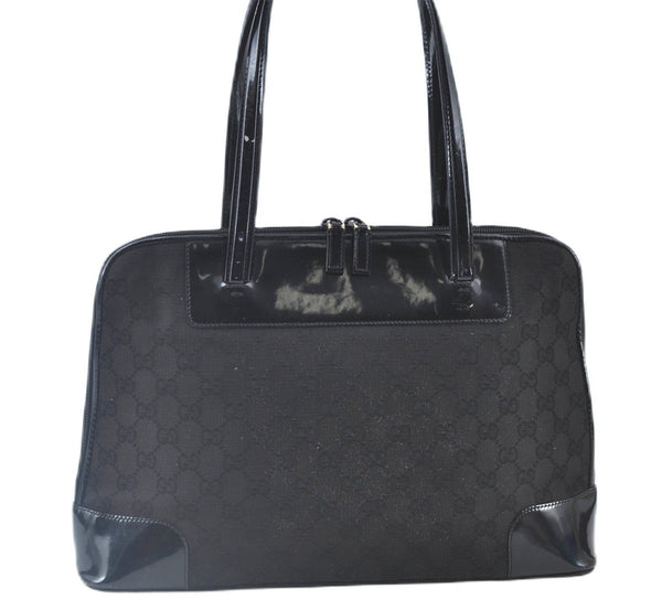 Authentic GUCCI Shoulder Hand Bag GG Canvas Enamel 0021122 Black J8271