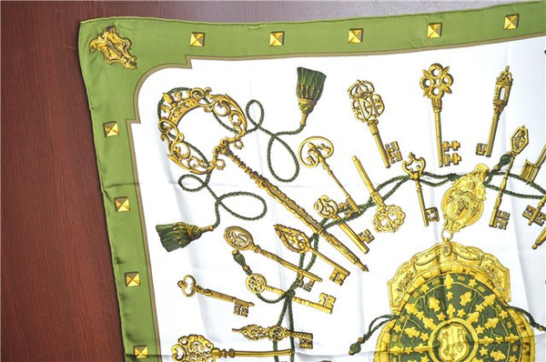 Authentic HERMES Carre 90 Scarf "LES CLES THE KEYS RARE" Silk Green J8342