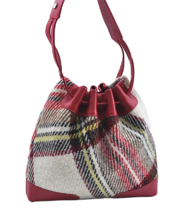 Authentic BURBERRY Check Wool Leather Shoulder Hand Bag Purse Ivory Red J8372
