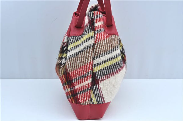 Authentic BURBERRY Check Wool Leather Shoulder Hand Bag Purse Ivory Red J8372