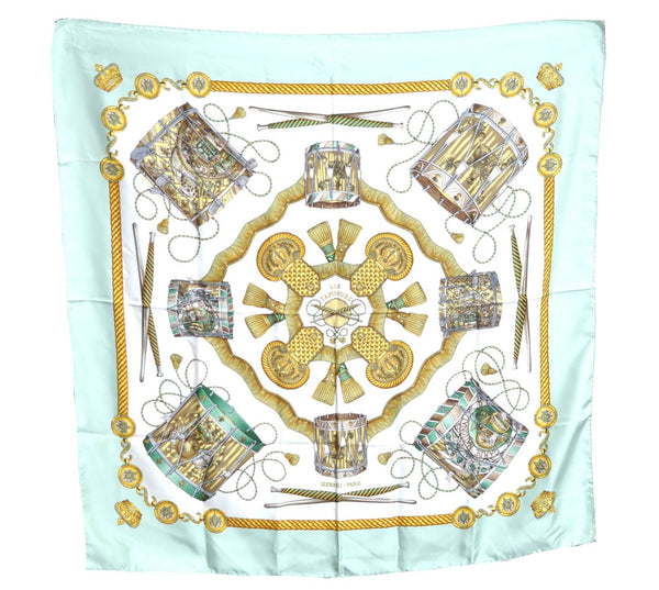 Authentic HERMES Carre 90 Scarf "LES TAMBOURS" Silk Light Green J8386