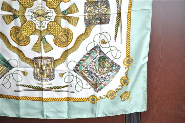 Authentic HERMES Carre 90 Scarf "LES TAMBOURS" Silk Light Green J8386